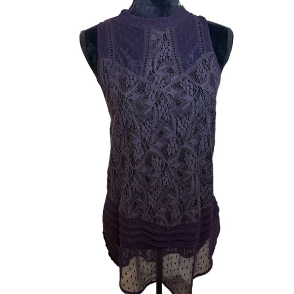 Free People Blue Lace Sleeveless Blouse with Mandarin Collar - Picture 1 of 11